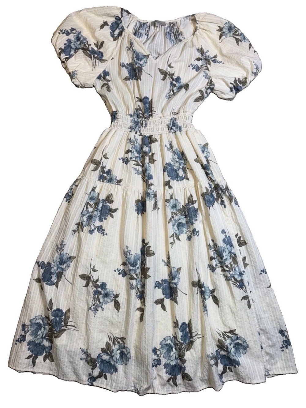 Chenault Women M Blue Floral Cotton Midi Dress Puff Sleeve Smocked Waist Lined